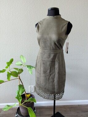Olive Green Faux Suede Dress Unique Eyelet Cutout High Neck Size 10